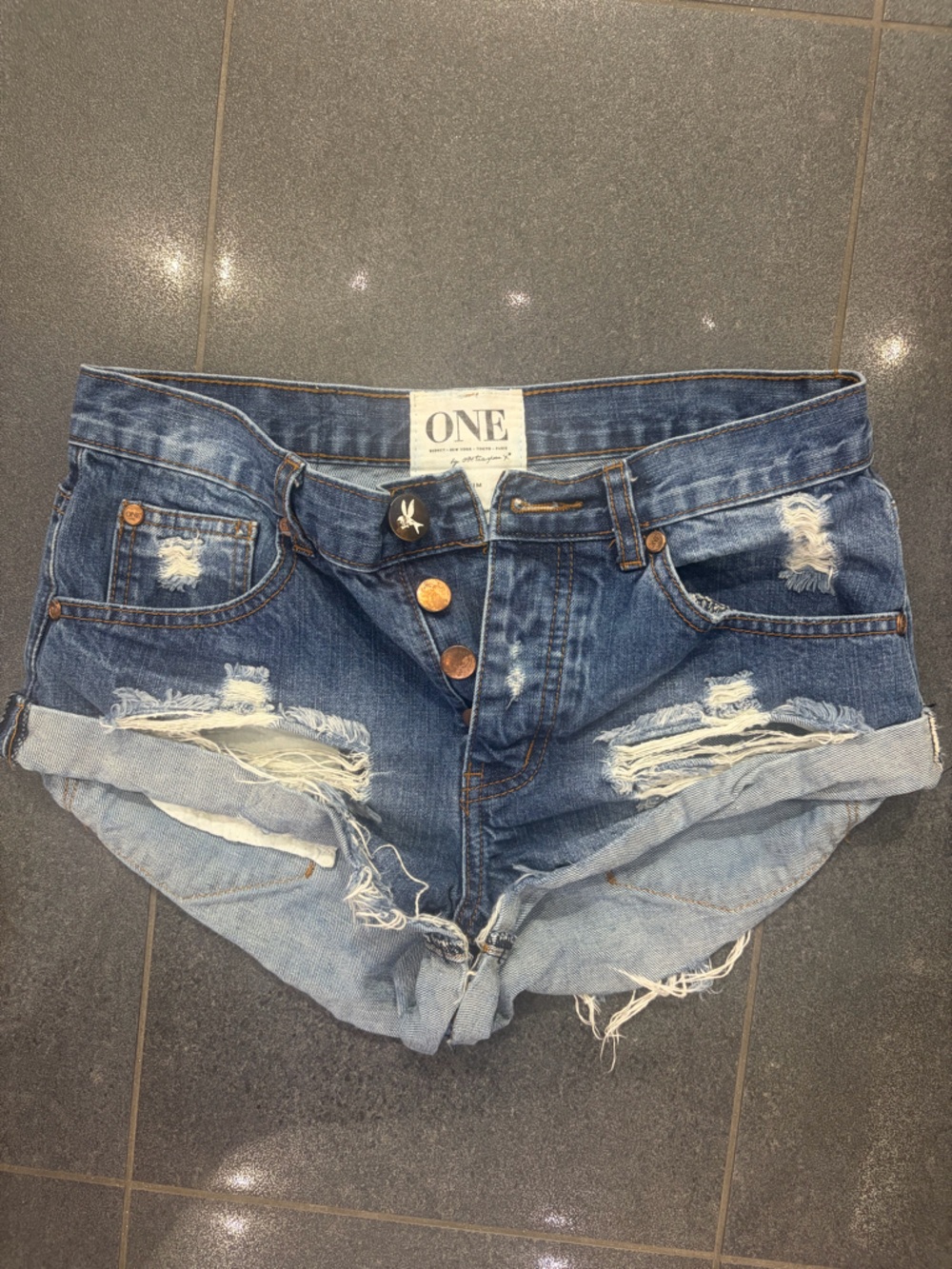 One Teaspoon Distressed Blue Denim Jean Shorts